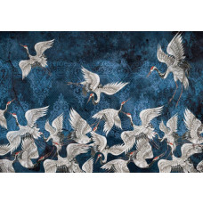 Abstracte kunst van kraanvogels, gedetailleerd weergegeven op luxe fotobehang met kleurrijke accenten.