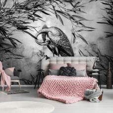 Een fotobehang met een kraanvogel in zwart-wit, perfect voor een serene slaapkamer.