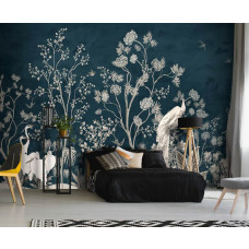 Een fotobehang van kraanvogels bij de bomen, kunststijl voor de tienerkamer in de slaapkamer.