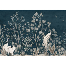 Fotobehang van kraanvogels bij bomen, weergegeven in een kunstzinnige compositie.