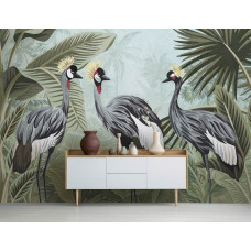 Een fotobehang van kraanvogels in een levendige kinderkamer.