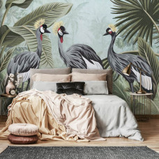 Een fotobehang van kraanvogels in de jungle, ideaal voor een slaapkamer.