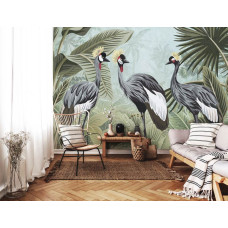 Een fotobehang van kraanvogels in een jungle-omgeving in vliesbehangstijl voor een woonkamer.