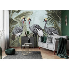 Een fotobehang van kraanvogels in een tropische woonkamer.