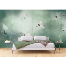 Een fotobehang van kraanvogels in een mistig bos in een slaapkamer met Airtex vliesbehang.