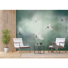 Een fotobehang van kraanvogels in een mistig bos, perfect voor een bedrijfsruimte.