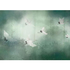 Een fotobehang van kraanvogels die elegant door een mistig bos wandelen.