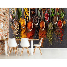 Fotobehang kruiden en specerijen in eetkamer met stijlvolle presentatie van specerijen en uitnodigende sfeer.