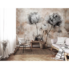 Een fotobehang van kunst met rozen in beton in de woonkamer en huiskamer.