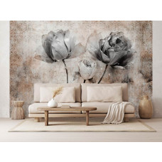 Een fotobehang van kunst met rozen in beton met bloemen in de woonkamer.