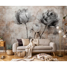 Een fotobehang van kunst met rozen in beton in de woonkamer.