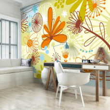 Een fotobehang met een kunstzinnig bloemenpatroon in abstracte stijl met opvallende details.