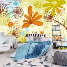 Een fotobehang met een bloemenpatroon in abstracte stijl, ideaal voor een slaapkamer.