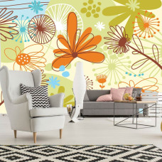 Een fotobehang met een kunstzinnig bloemenpatroon in abstracte stijl in een woonkamer.