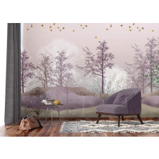 Fotobehang kunstig magisch bos, vliesbehang in de woonkamer met subtiele tonen van groen en bruin, wat een kalmerend effect heeft op de ruimte.