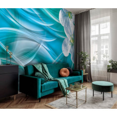 Een fotobehang van magnoliabloemen met abstracte golvende diamanten, ideaal voor de huiskamer.