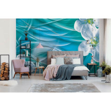 Een fotobehang met luxe magnoliabloemen en abstracte golvende lijnen, perfect voor de slaapkamer.