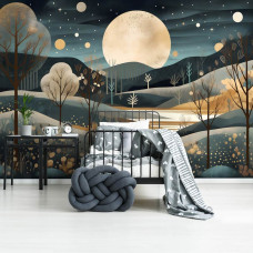 Een fotobehang van een kunstzinnig nachtlandschap met een volle maan en sterren in een babykamer.