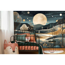 Een fotobehang van een kunstzinnig nachtlandschap met een volle maan en sterren in een jongenskamer in een kinderkamer.
