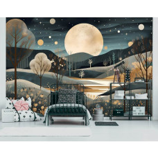 Een fotobehang van een kunstzinnig nachtlandschap met een volle maan en sterren in een kinderkamer.