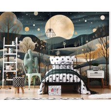 Een fotobehang van een kunstzinnig nachtlandschap met een volle maan en sterren op vliesbehang in een kinderkamer.