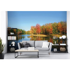 Een fotobehang van een meer met bos in een landschap te zien in de huiskamer.