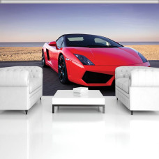 Een fotobehang met een rode Lamborghini aan zee en strand voor de woonkamer.