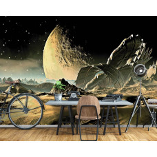 Een fotobehang met een galactisch ruimtethema en een ruimteschip, ideaal voor een kantoor.