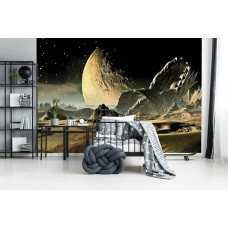 Een fotobehang met een ruimtethema met een planeet Mars en een ruimteschip, speciaal ontworpen voor een kinderkamer.