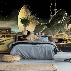 Een fotobehang met een spectaculaire landing op Mars, perfect voor een slaapkamer.