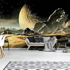 Een fotobehang met een rode planeet en een ruimteschip in een kosmisch ontwerp, ideaal voor een woonkamer.