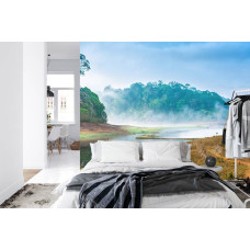 Een kalmerend fotobehang van een landschap met mist en bos, ideaal voor een slaapkamer.