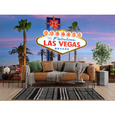 Fotobehang met verlicht Welcome to Las Vegas-bord en palmbomen in de woonkamer.