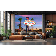 Fotobehang met beroemde neonreclame van Las Vegas bij schemering in de woonkamer.