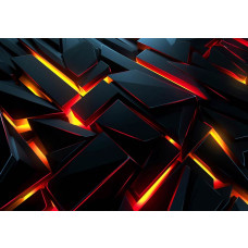 Fotobehang met zwarte 3D-blokken en vurige lava-achtige gloed in rood, oranje en geel.