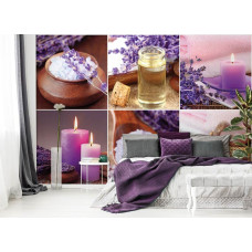 Een fotobehang van een lavendelcollage met badkamerelementen in paarse tinten, ideaal voor een slaapkamer.