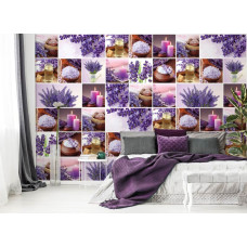 Een fotobehang van lavendel en kaarsen in paarse tinten voor de slaapkamer.