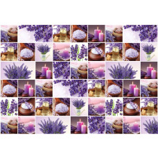 Fotobehang van een lavendelcollage, met paarse spa bloemen, kaarsen en een sauna.