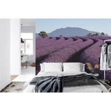 Een fotobehang met een rustgevende lavendelveld in de bergen, weergegeven in een slaapkamer.