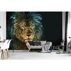 Een fotobehang met een leeuw met blauwe ogen voor de huiskamer.