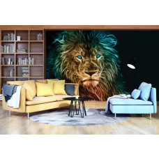 Een fotobehang met een leeuw met blauwe ogen voor de woonkamer.