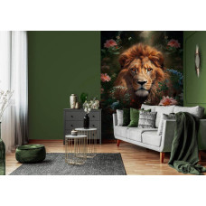Een fotobehang van een leeuw met bloemen in een stijlvolle huiskamer.