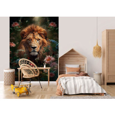 Een fotobehang van een leeuw met bloemenpracht in een levendige kinderkamer.