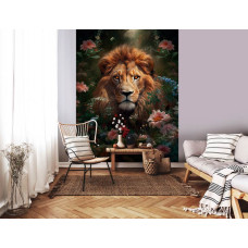Een fotobehang van een leeuw met bloemen in een rustige slaapkamer en woonkamer.