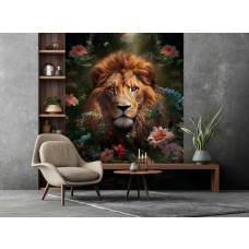 Een fotobehang van een leeuw met bloemen in een sfeervolle woonkamer.