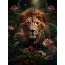 Fotobehang van een leeuw te midden van bloemen, met een natuurlijke en krachtige uitstraling.