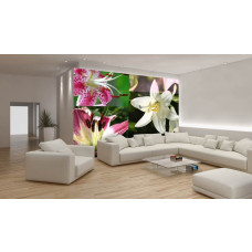 Een fotobehang met abstracte lelies en plantdesign in een artistiek patroon.