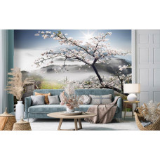 Een fotobehang van een lente landschap met bergen en bomen te zien in de huiskamer.