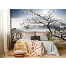 Een fotobehang van een lente landschap met bergen en bomen te zien in de slaapkamer.