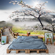 Een fotobehang van een lente landschap met bergen en bomen te zien in de woonkamer en slaapkamer.